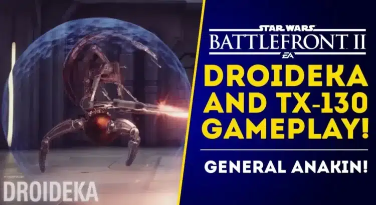 Shielded Droideka reinforcement firing in Battlefront II reveal alongside TX‑130 gameplay text and Anakin hero tag.