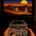 Person playing Super Star Wars on SNES with retro CRT TV setup