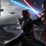 Cal Kestis battles an Inquisitor with lightsabers in a cinematic Star Wars Jedi: Survivor action scene