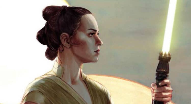 Rey holding a yellow lightsaber with twin suns in the background on variant comic cover