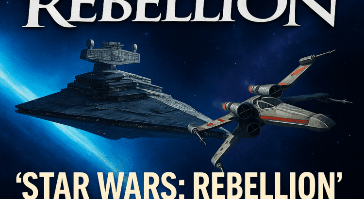 Star Wars Rebellion free download promo with Star Destroyer and X-Wing in space background