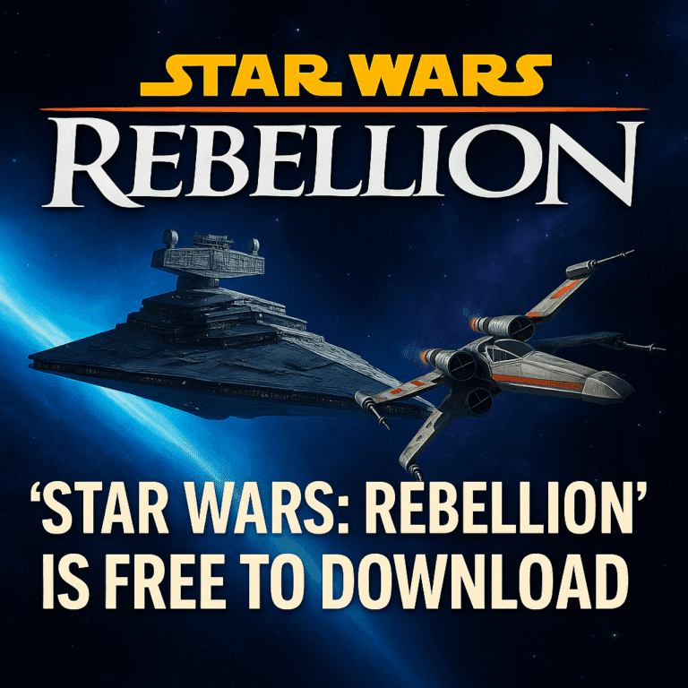 Star Wars Rebellion free download promo with Star Destroyer and X-Wing in space background