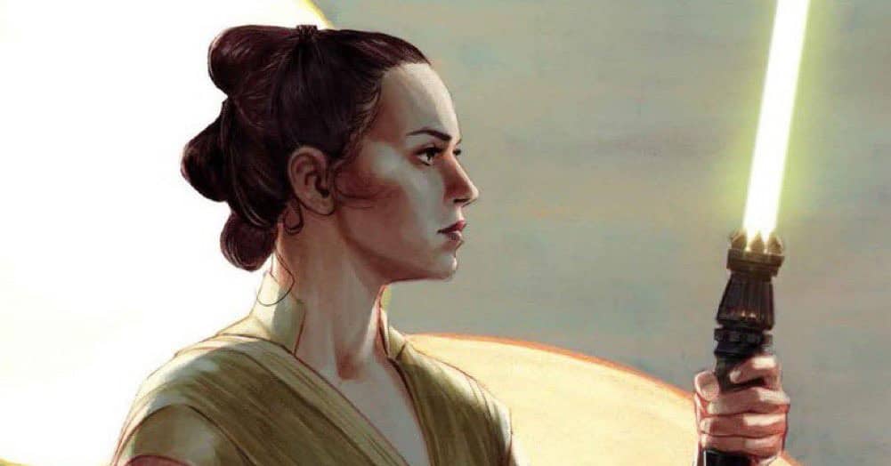 Rey holding a yellow lightsaber with twin suns in the background on variant comic cover