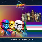Rainbow stormtroopers and SWG Legends characters promoting the 2025 Pride Party event