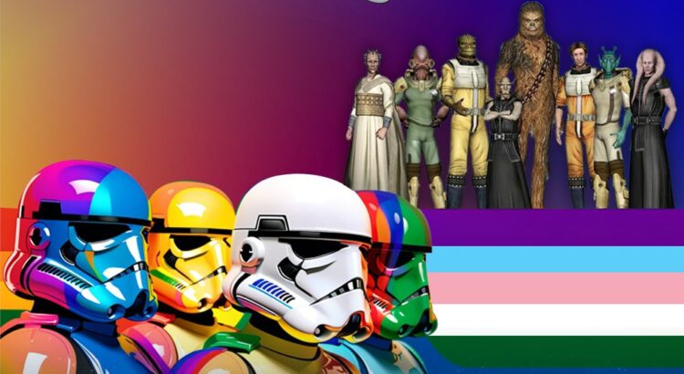 Rainbow stormtroopers and SWG Legends characters promoting the 2025 Pride Party event