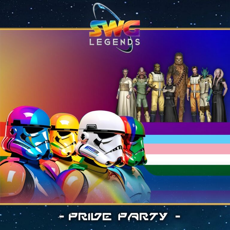 Rainbow stormtroopers and SWG Legends characters promoting the 2025 Pride Party event