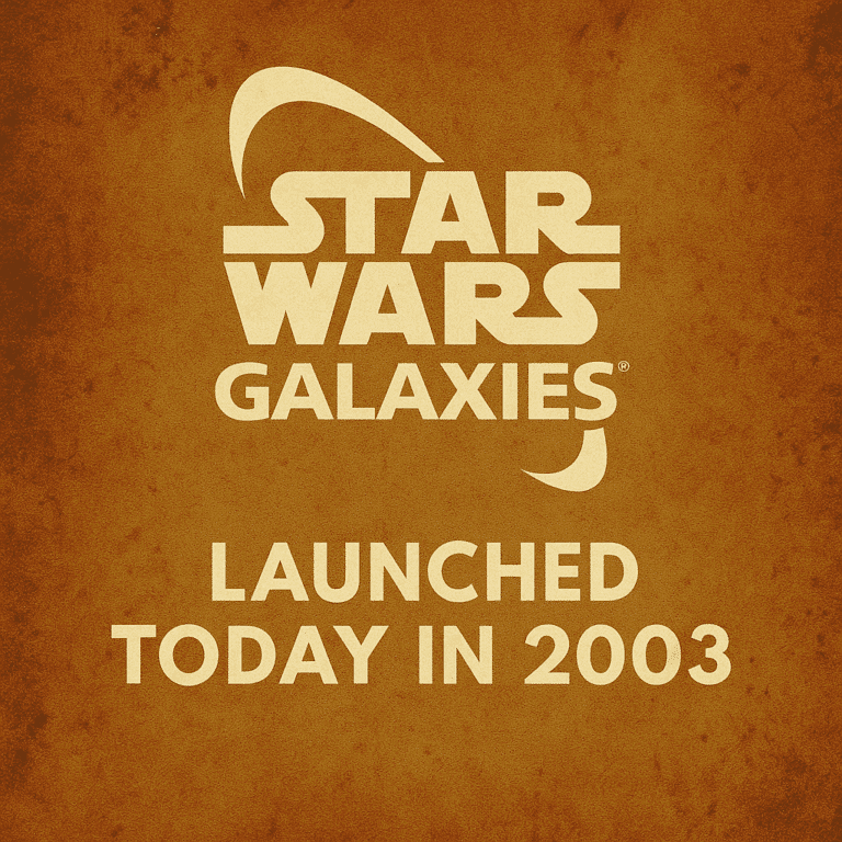 Commemorative Star Wars Galaxies 2003 launch anniversary graphic with iconic in-game visuals