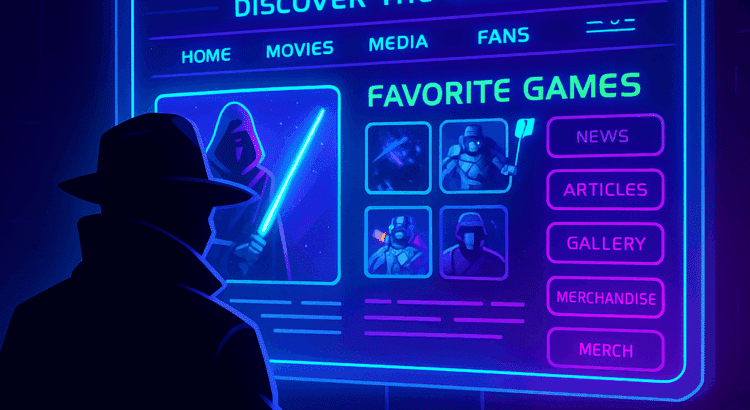 Digital illustration of a silhouette spy in a dark room viewing a glowing holographic sci-fi fan site