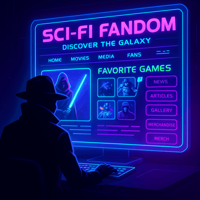 Digital illustration of a silhouette spy in a dark room viewing a glowing holographic sci-fi fan site