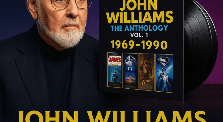 Illustrated cover of John Williams Anthology Vol. 1 with vinyl and classic film references including Jaws, E.T., Superman, and Indiana Jones