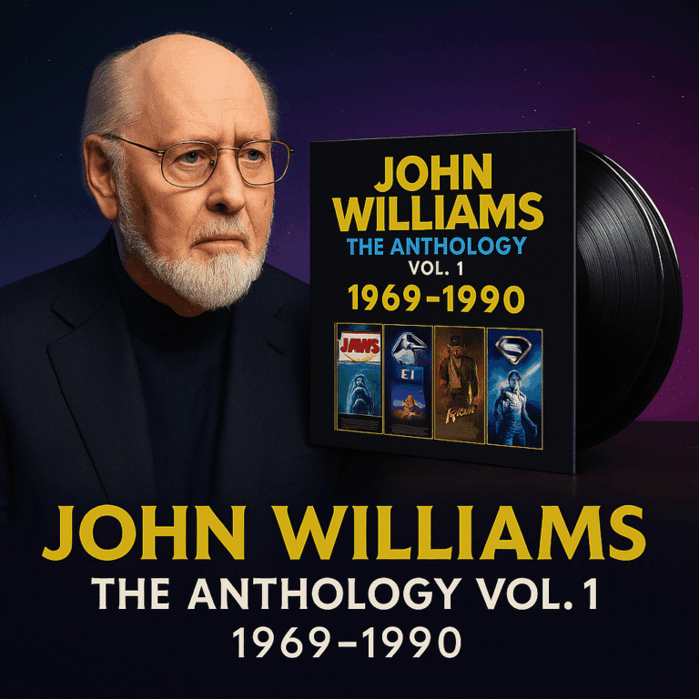 Illustrated cover of John Williams Anthology Vol. 1 with vinyl and classic film references including Jaws, E.T., Superman, and Indiana Jones
