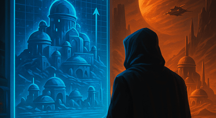 Sci-fi digital map of Belsavis analyzed by hooded figure