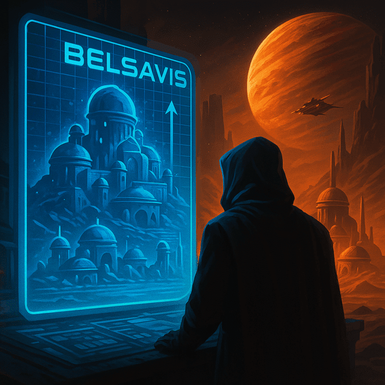 Sci-fi digital map of Belsavis analyzed by hooded figure