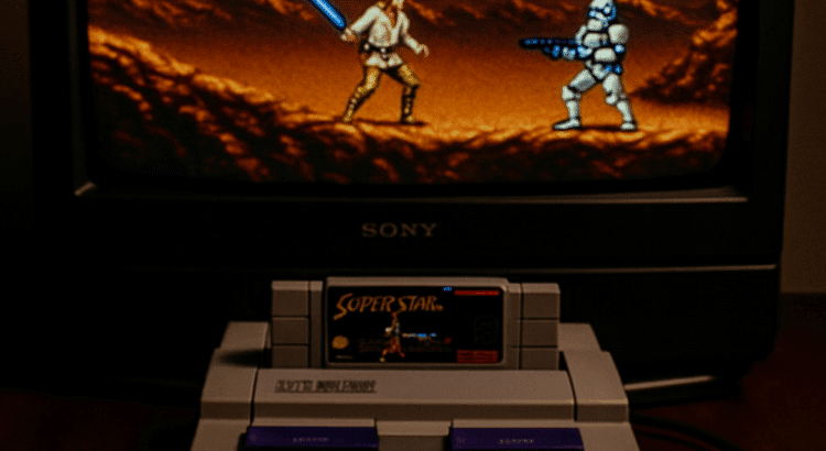 Person playing Super Star Wars on SNES with retro CRT TV setup