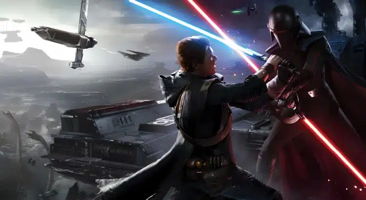 Cal Kestis battles an Inquisitor with lightsabers in a cinematic Star Wars Jedi: Survivor action scene