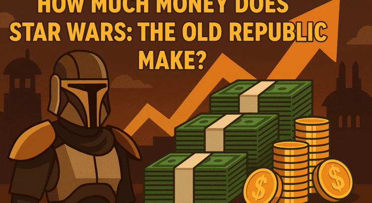 Illustrated banner showing a Mandalorian, credit stacks, and rising profits with the text “How Much Money Does Star Wars: The Old Republic Make?”