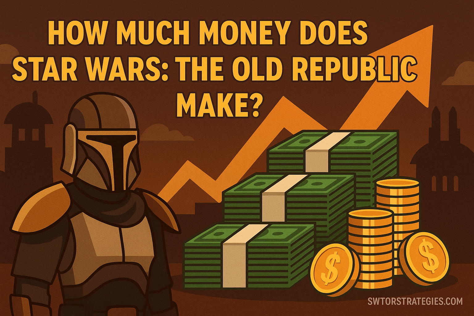 Illustrated banner showing a Mandalorian, credit stacks, and rising profits with the text “How Much Money Does Star Wars: The Old Republic Make?”