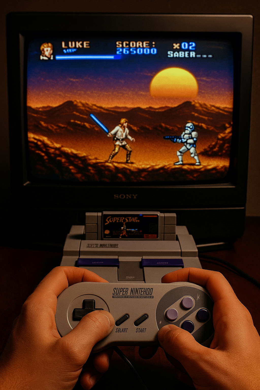 Person playing Super Star Wars on SNES with retro CRT TV setup