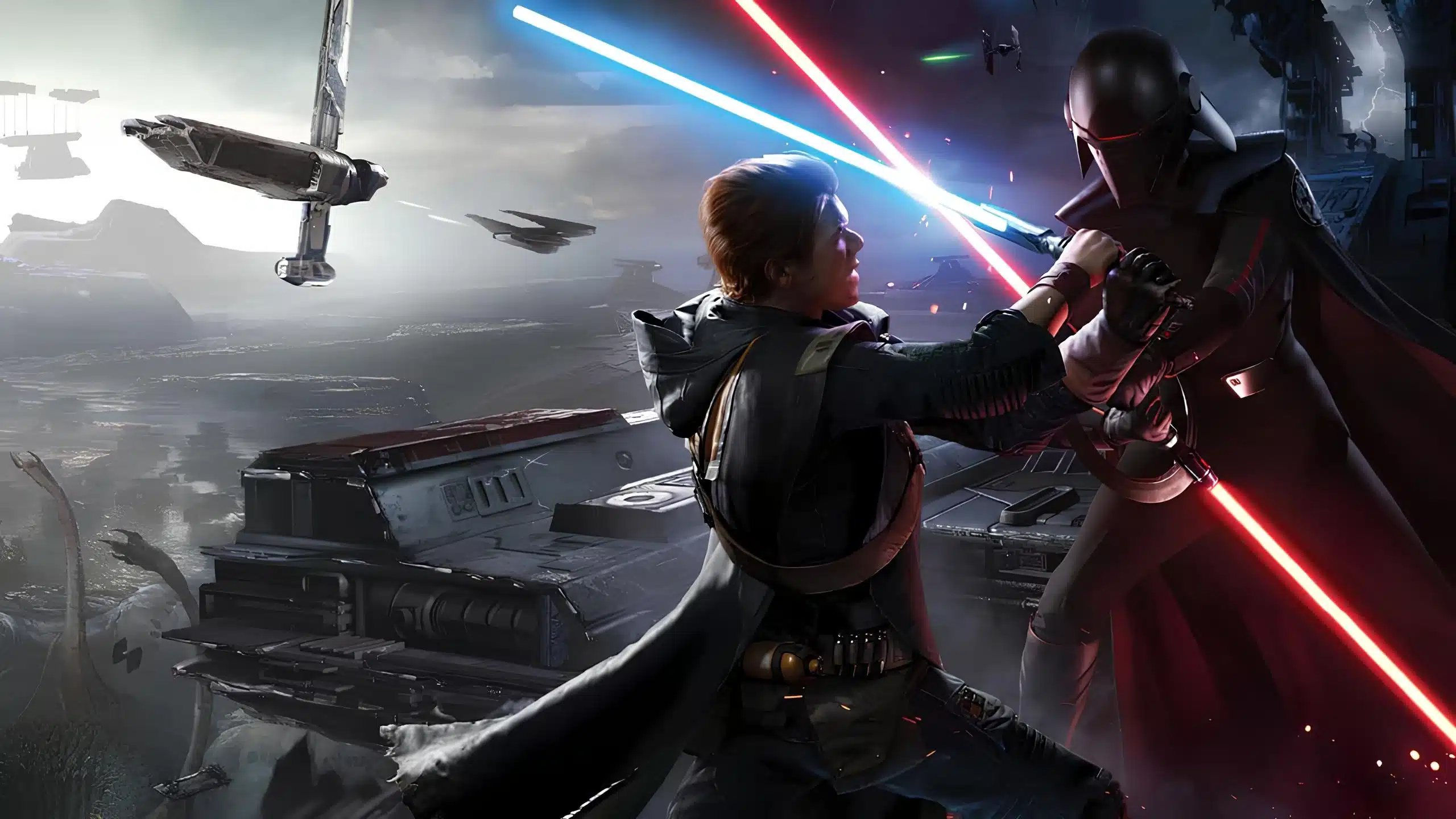Cal Kestis battles an Inquisitor with lightsabers in a cinematic Star Wars Jedi: Survivor action scene