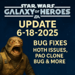 Galaxy of Heroes June 18 2025 update graphic featuring Pao and bug fix details