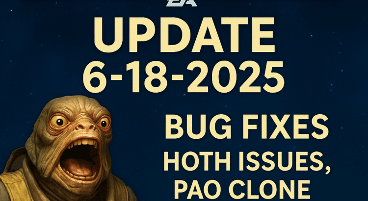 Galaxy of Heroes June 18 2025 update graphic featuring Pao and bug fix details