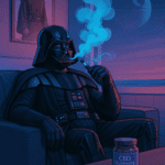 Darth Vader sitting on a sofa vaping with a jar of CBD gummies on the table