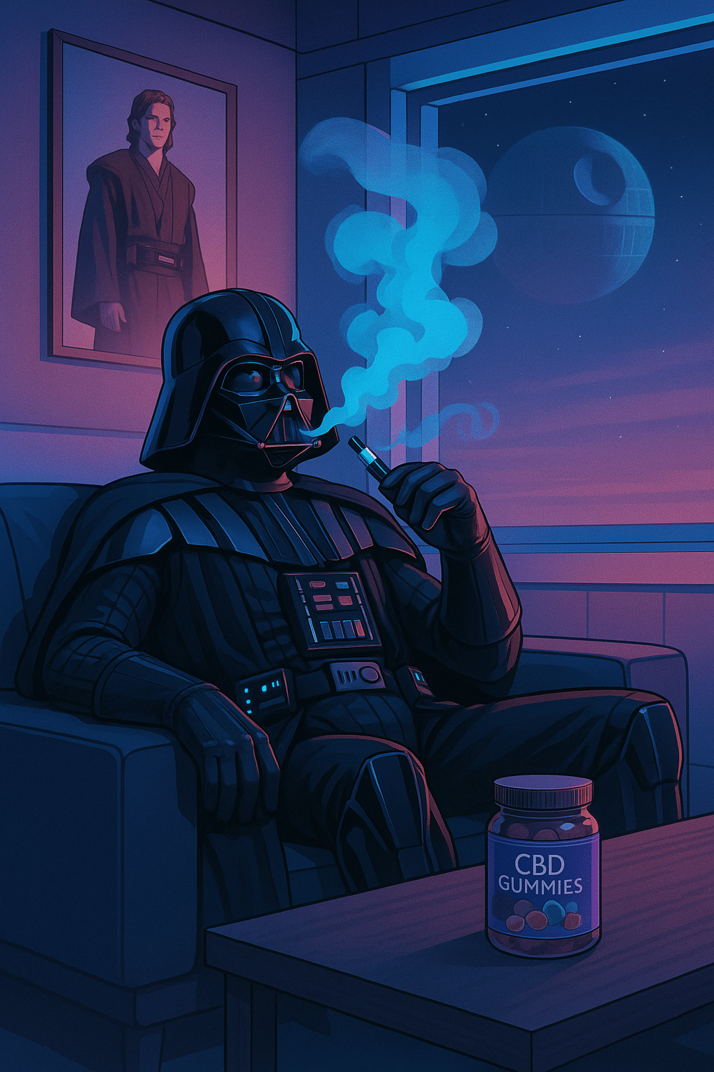 Darth Vader sitting on a sofa vaping with a jar of CBD gummies on the table
