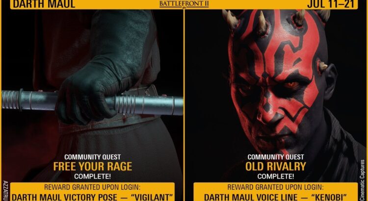 Darth Maul in Battlefront II with Community Quest rewards "Vigilant" pose and "Kenobi" voice line (July 11–21).