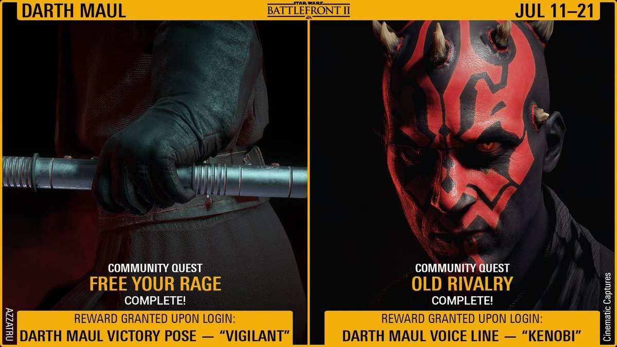 Darth Maul in Battlefront II with Community Quest rewards "Vigilant" pose and "Kenobi" voice line (July 11–21).