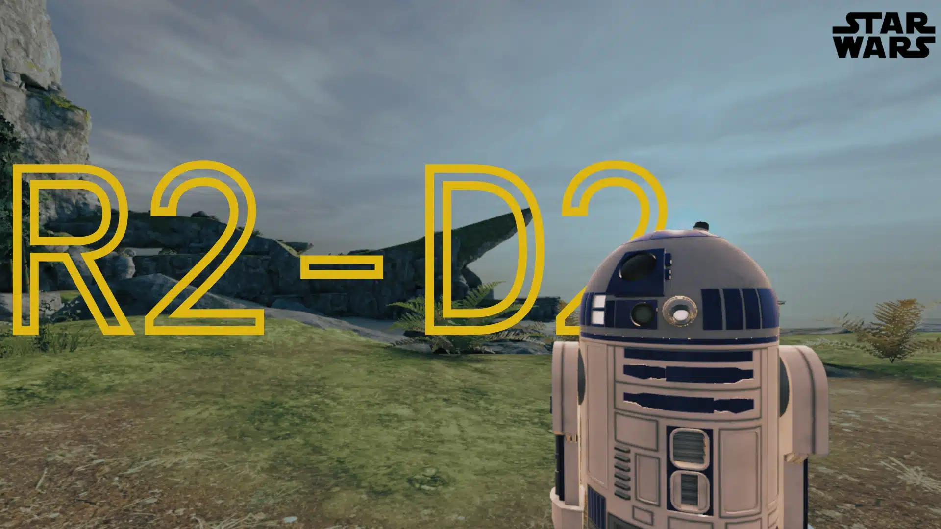R2-D2 companion mod in Blade & Sorcery VR with Star Wars logo and landscape background
