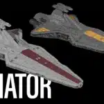 Side-by-side render of Venator-class Star Destroyers in red and yellow variants on a black background