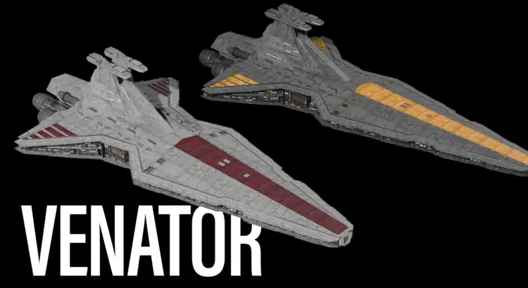 Side-by-side render of Venator-class Star Destroyers in red and yellow variants on a black background