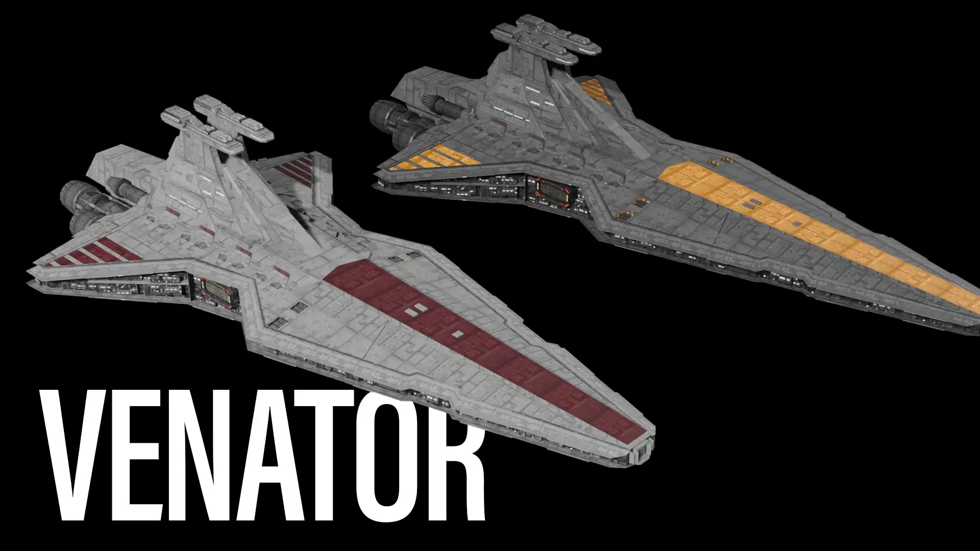 Side-by-side render of Venator-class Star Destroyers in red and yellow variants on a black background