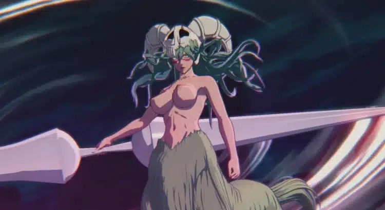 Nude Nelliel in Resurrección form with a glowing energy vortex in BLEACH Rebirth of Souls mod