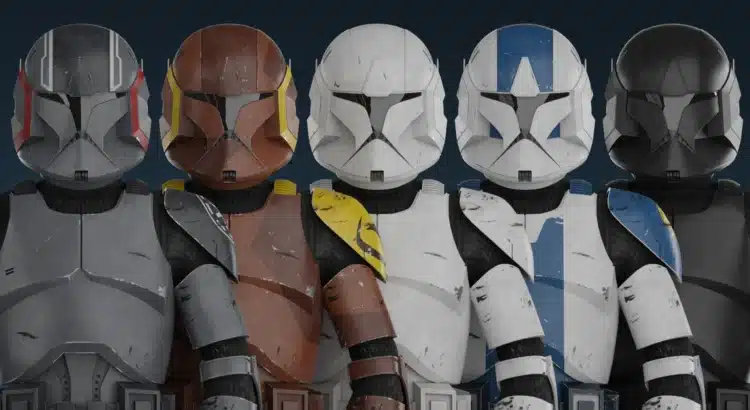 Multiple clone troopers with unique helmet colors and unit markings from Battlefront II mod