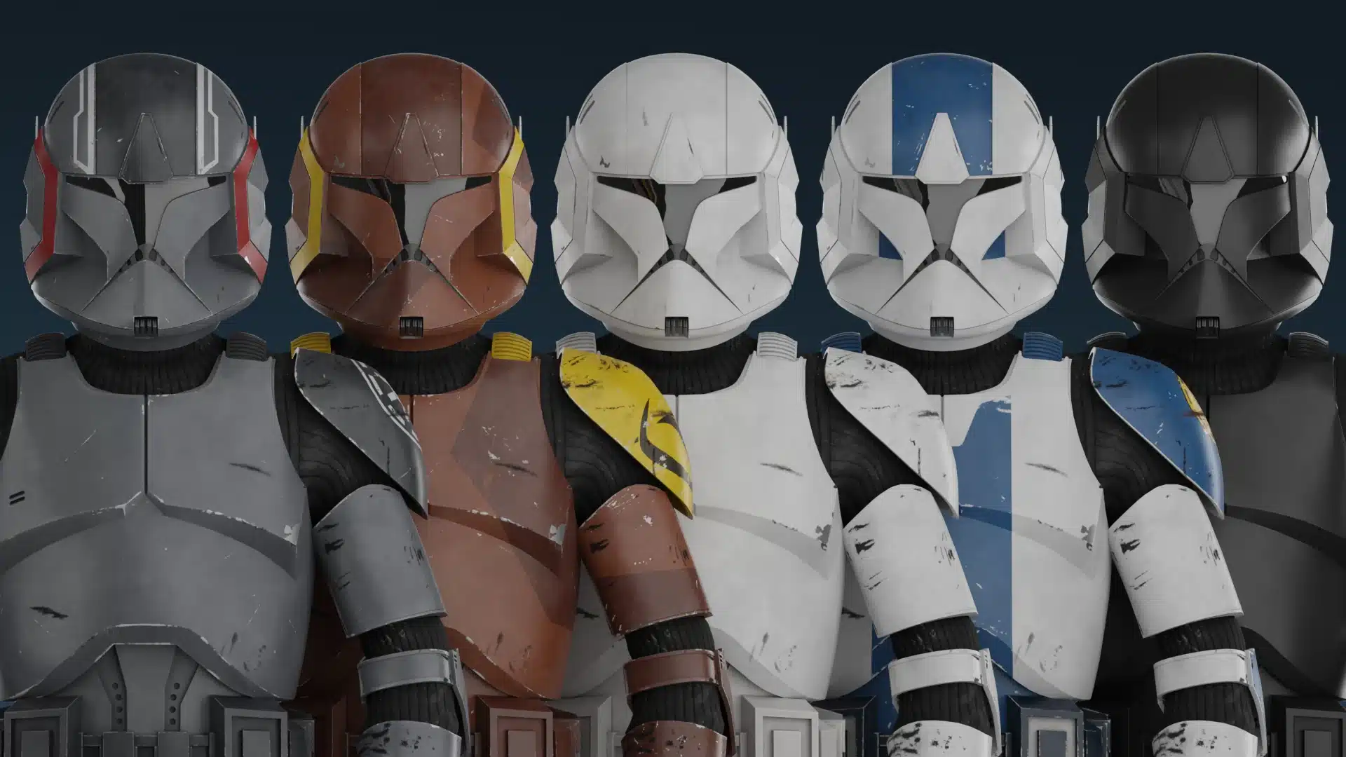 Multiple clone troopers with unique helmet colors and unit markings from Battlefront II mod
