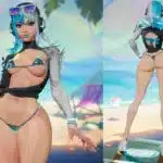 Luna Snow in revealing blue bikini front and back view on tropical beach