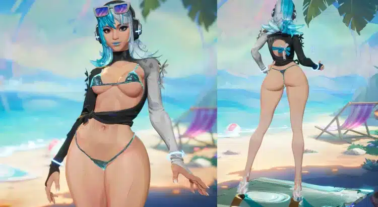 Luna Snow in revealing blue bikini front and back view on tropical beach