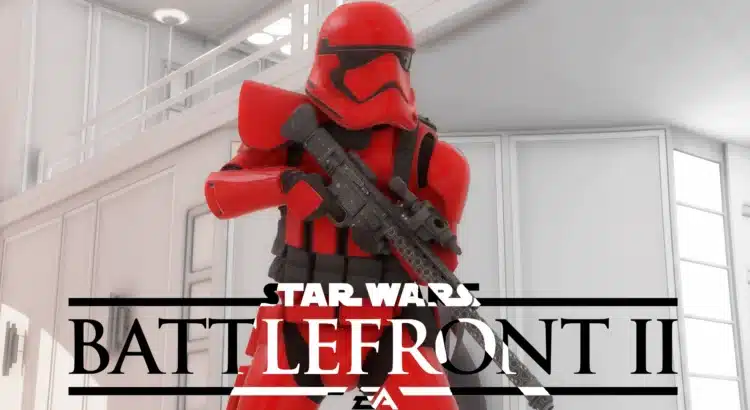 First Order stormtrooper in red Captain Cardinal armor holding blaster