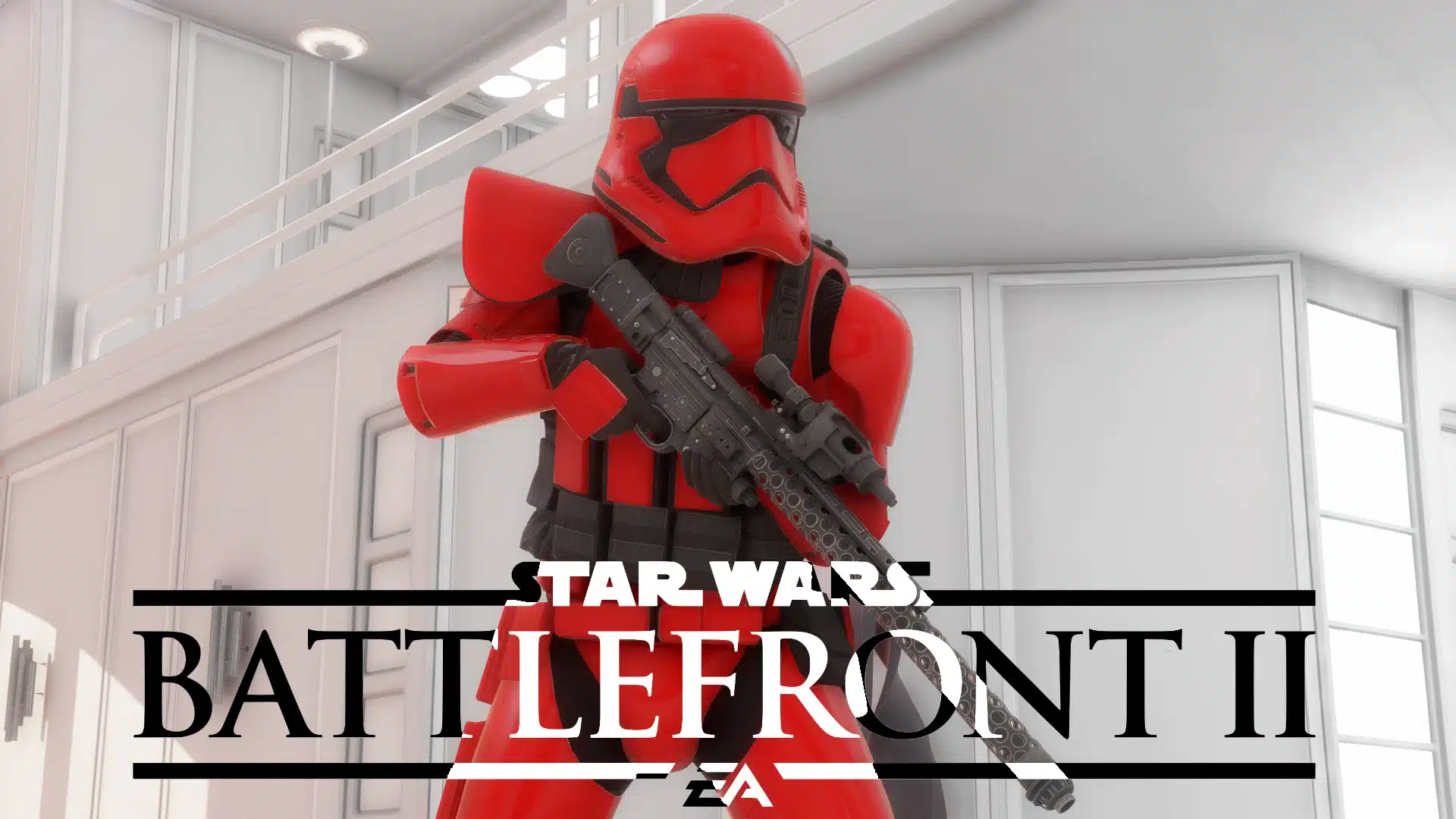 First Order stormtrooper in red Captain Cardinal armor holding blaster
