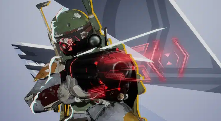 Black Widow mod in Boba Fett armor aiming red-visor sniper rifle