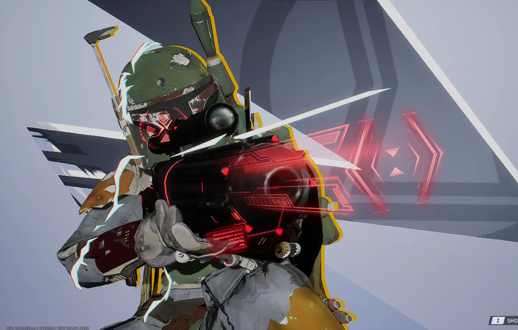 Black Widow mod in Boba Fett armor aiming red-visor sniper rifle