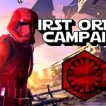 Red Sith Trooper standing on a battlefield with First Order Campaign title and emblem