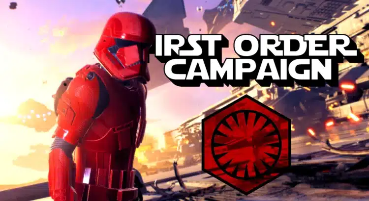 Red Sith Trooper standing on a battlefield with First Order Campaign title and emblem