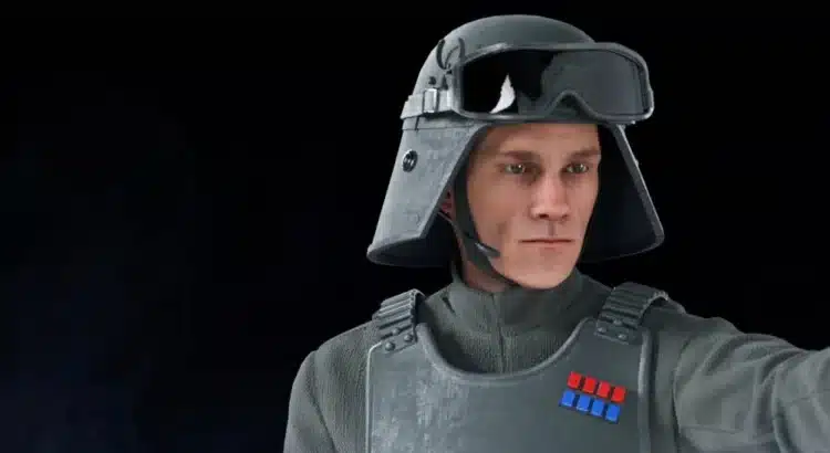 General Veers pointing forward in full Imperial officer armor