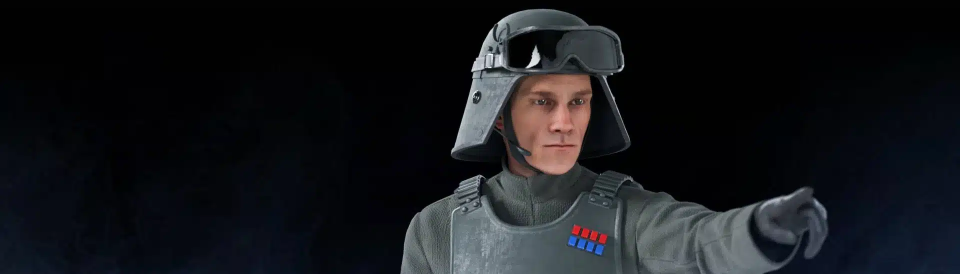 General Veers pointing forward in full Imperial officer armor