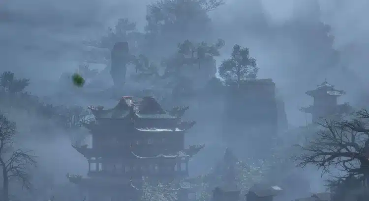 Nude warrior overlooking misty mountain temples in Wuchang: Fallen Feathers mod