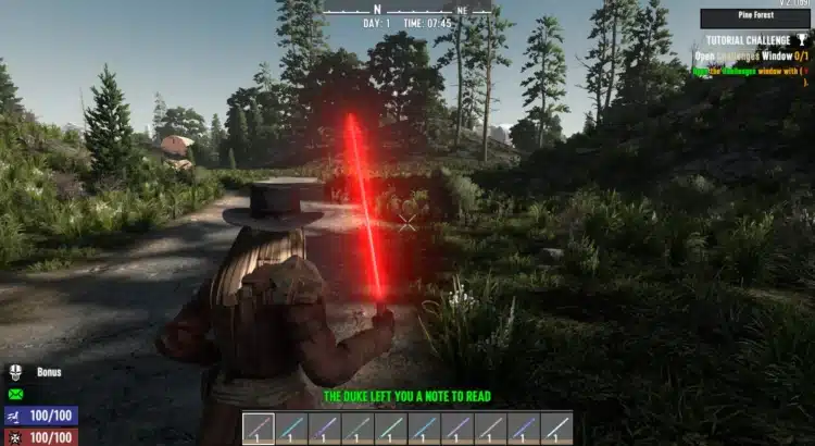 Survivor holding red lightsaber in 7 Days to Die mod