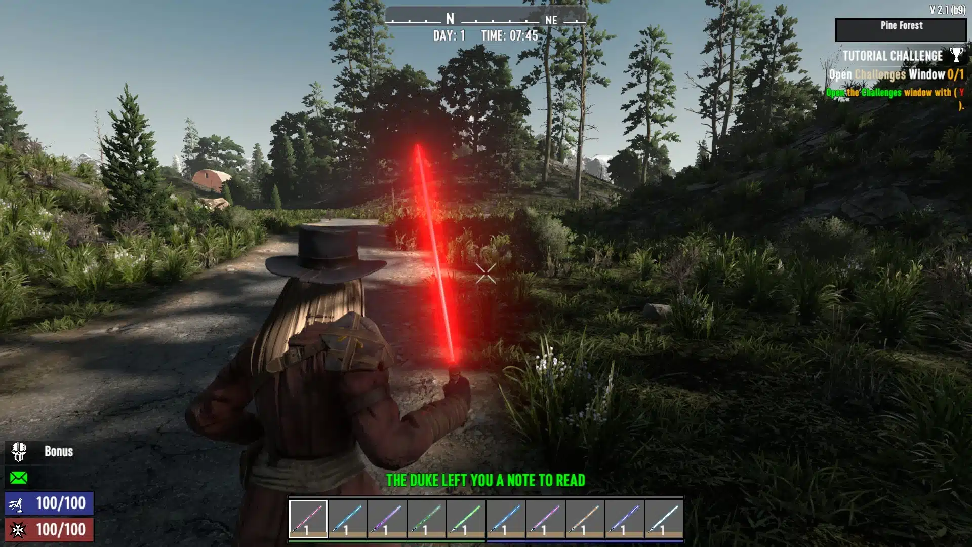 Survivor holding red lightsaber in 7 Days to Die mod