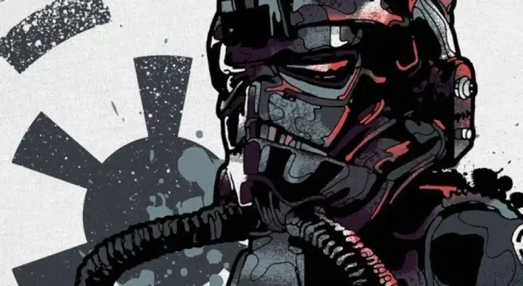 Artistic rendering of Imperial Star Wars TIE pilot in helmet and flight gear